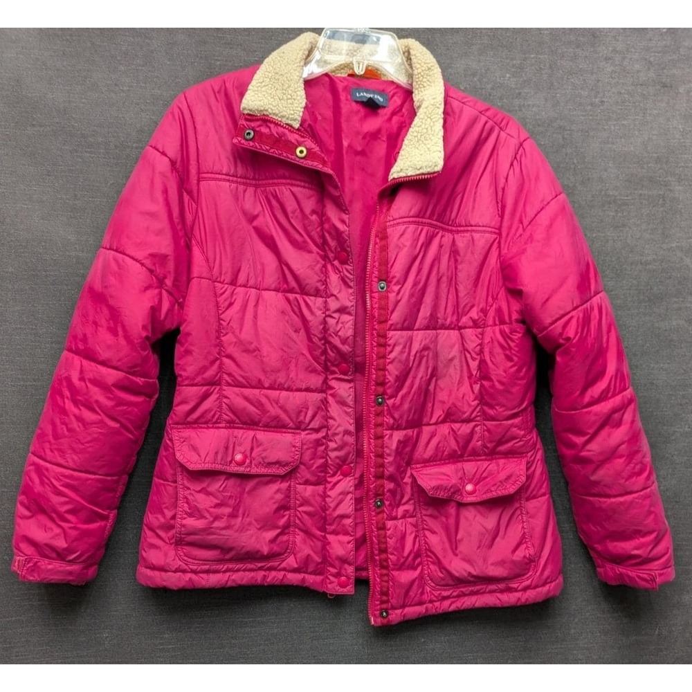 Lands' End Pink Puffer Jacket Sherpa Lined Collar Winter Coat Zip/Snap L 14-16